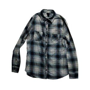 Disney "Take Me To Neverland" Plaid‎ Flannel Shirt S Black/White/Blue